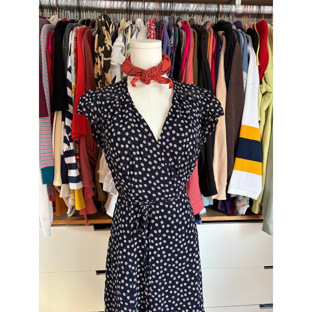 Reformation Carina Wrap Dress Women Small Navy Blue Daisy Floral Midi Cap Sleeve - Picture 2 of 6